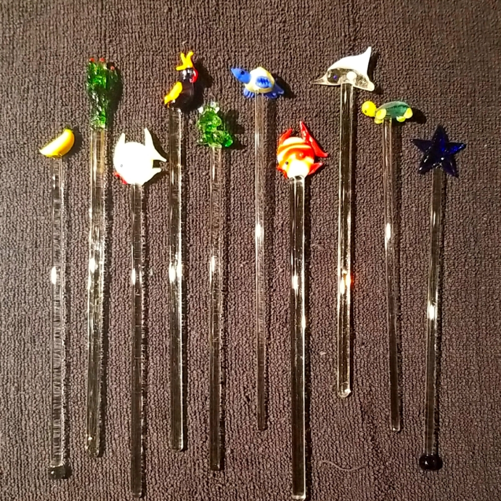 10 PC Vintage Handblown Glass Cocktail Swizzle sticks